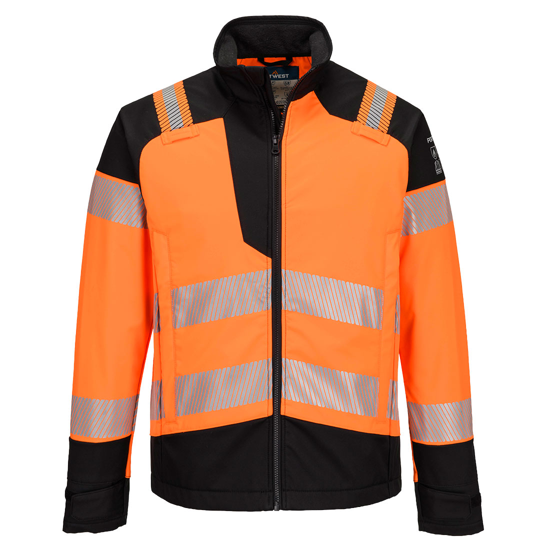 Portwest PW3 Modaflame Softshell Hi-Vis Multi-Norm FR Jacket in Orange/Black, main product image