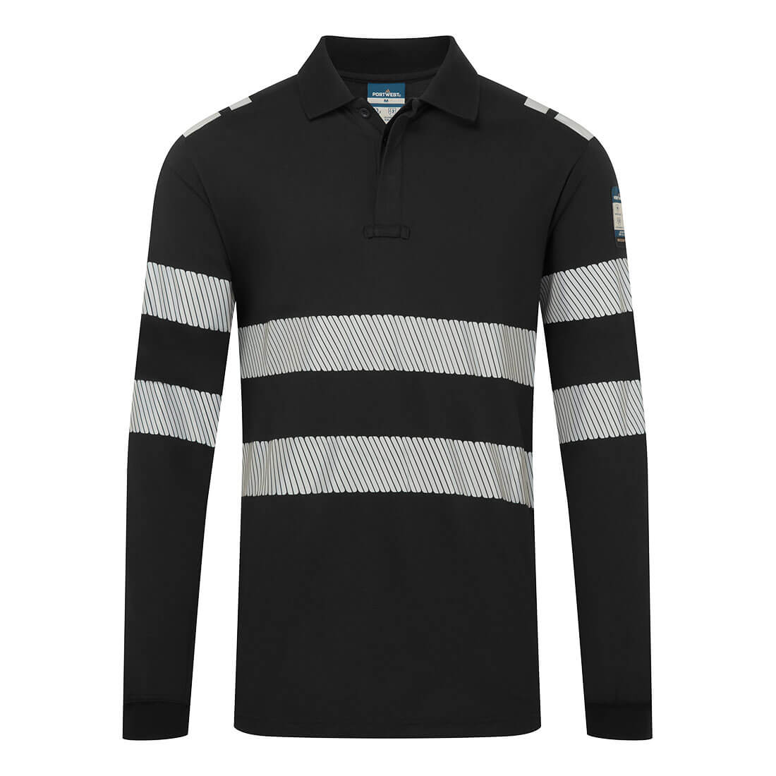 Portwest PW3 Modaflame Knit FR Long Sleeve Polo Shirt in Black, main product image