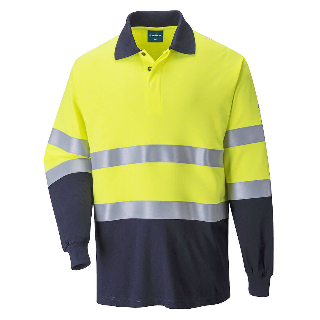 Portwest Modaflame Knit Hi-Vis Contrast FR Long Sleeve Polo Shirt in Yellow/Navy, main product image