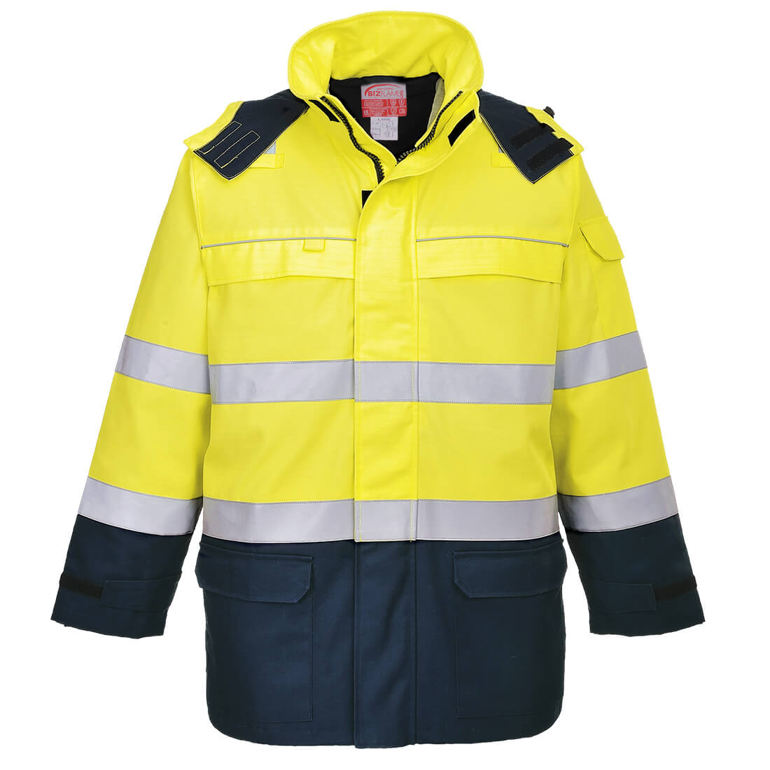 Portwest Bizflame Rain+ Hi-Vis Multi-Norm Constrast FR Jacket in Yellow/Navy, main product image