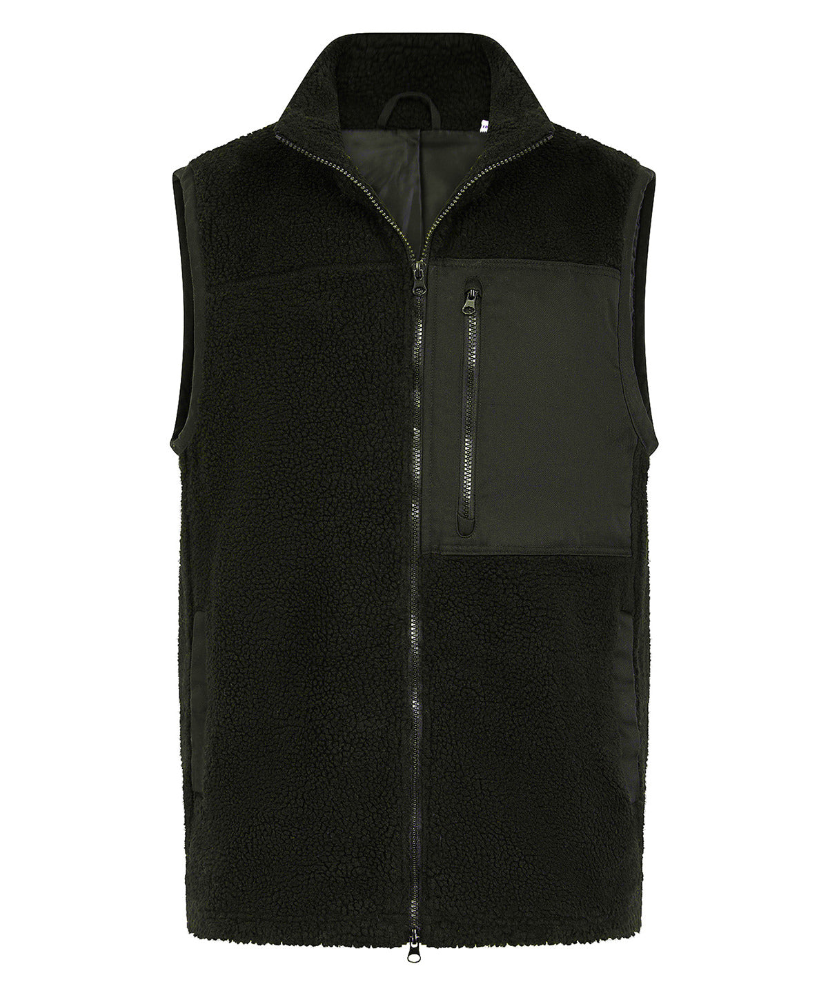 Front Row Recycled sherpa gilet in Dark Olive, front view