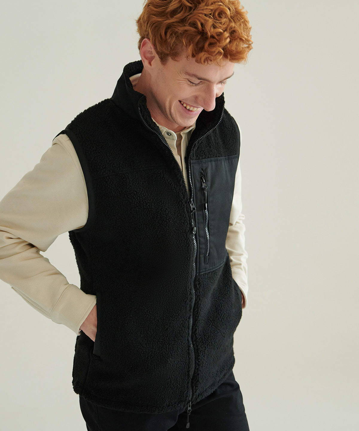 Front Row Recycled sherpa gilet, lifestyle photo