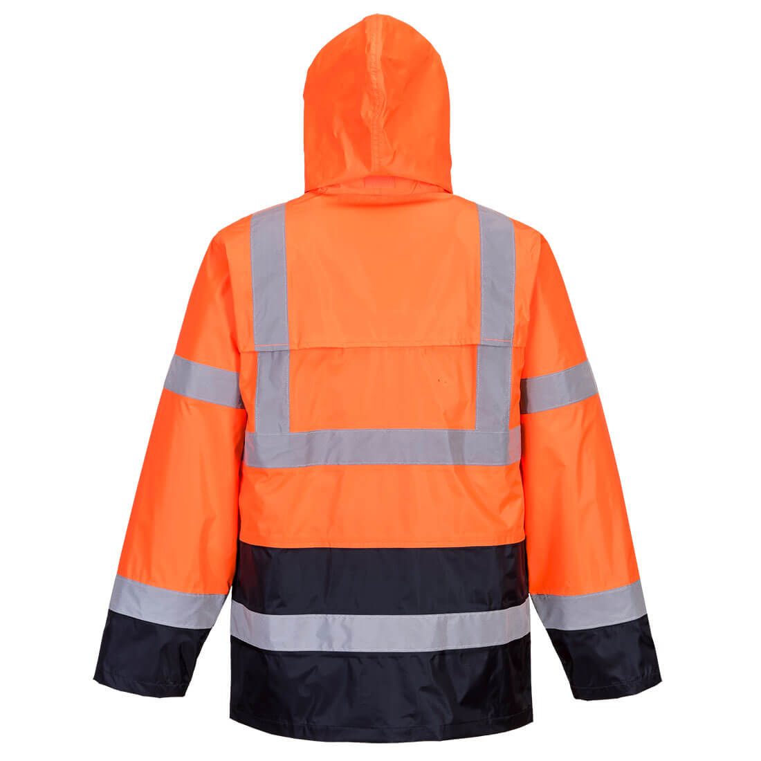 Portwest H443 Hi-Vis Contrast Classic Rain Jacket in Orange/Navy, back view
