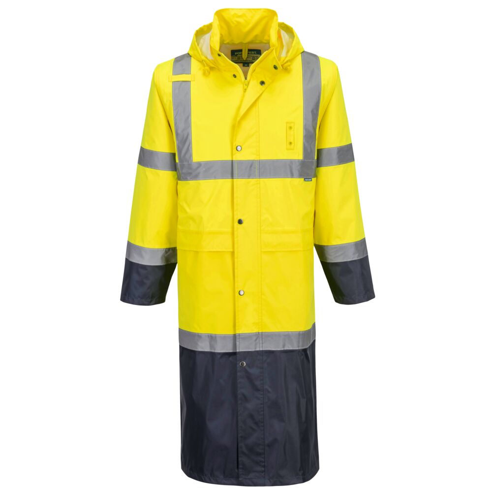 Portwest Hi-Vis Contrast Raincoat 122cm in Yellow/Navy, image 3