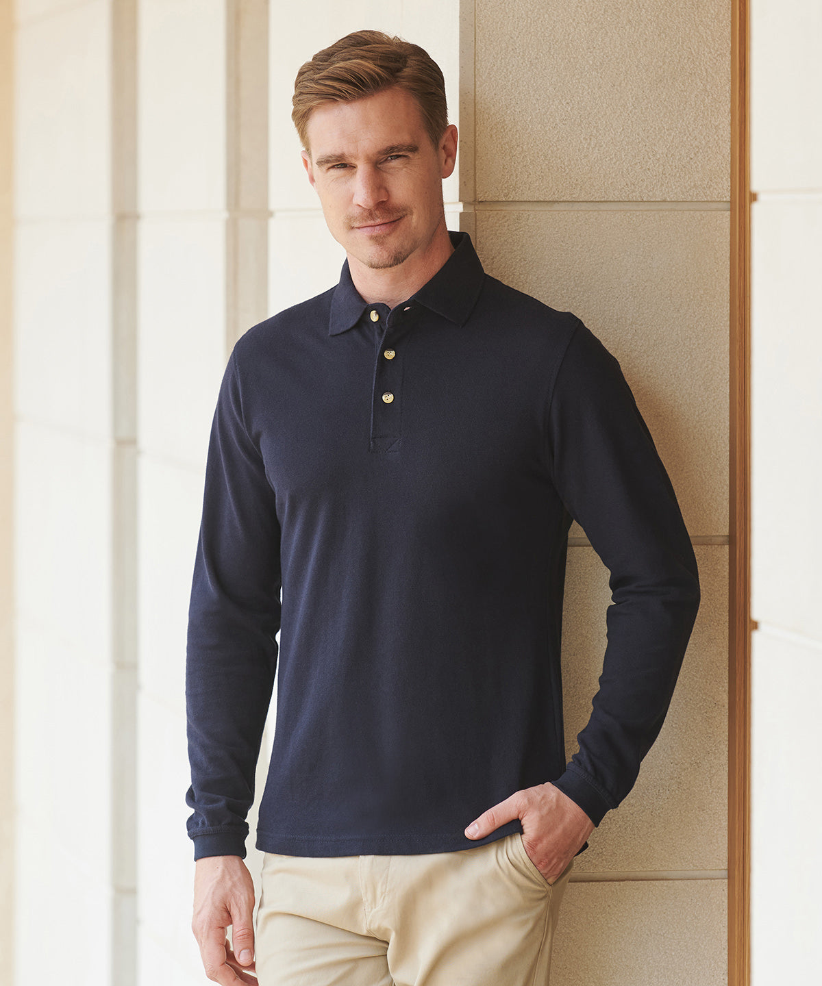 Henbury Long sleeve cotton polo shirt, lifestyle photo