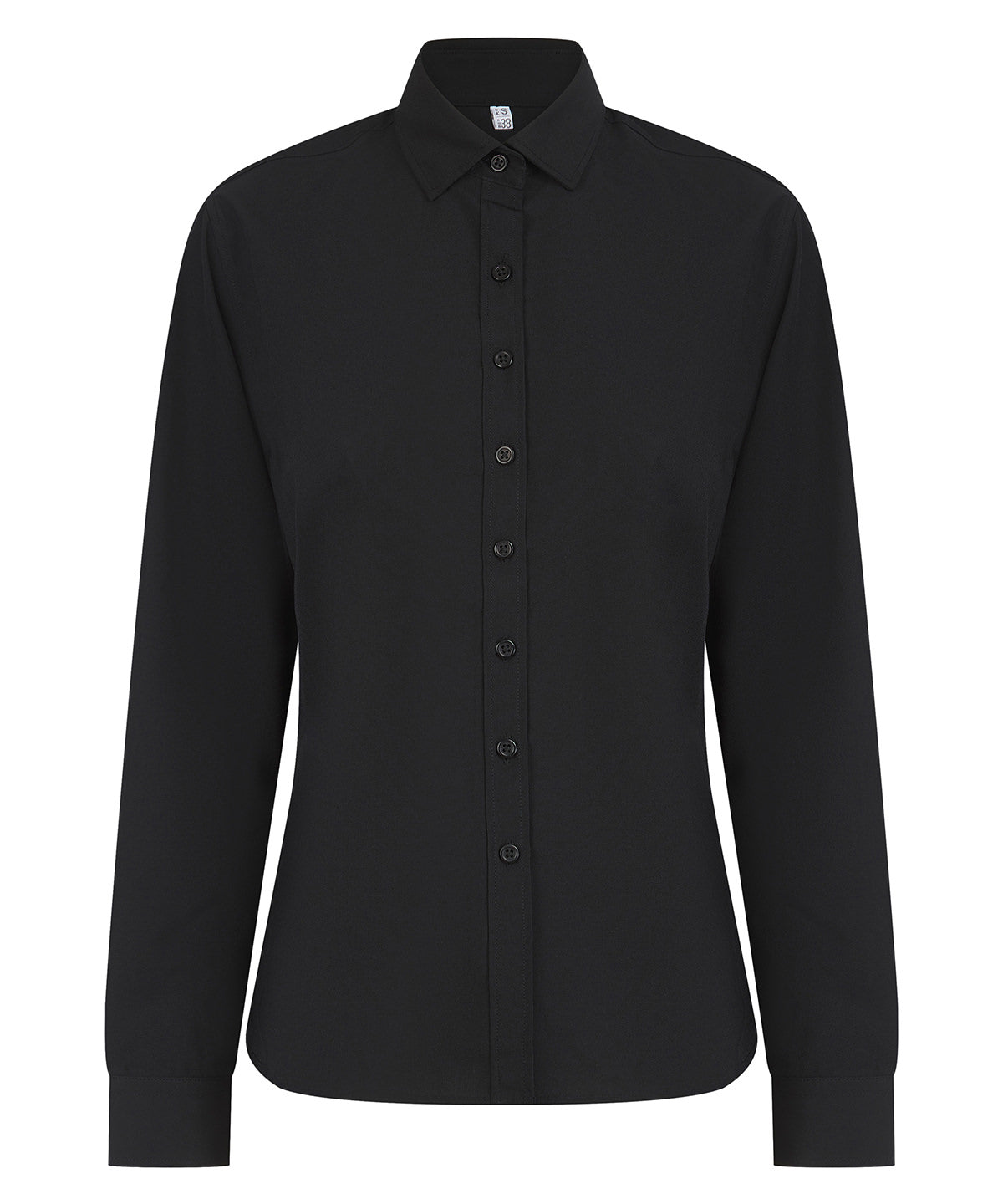 Henbury Women’s long sleeve ‘cotton-feel’ Coolplus shirt in Black, front view