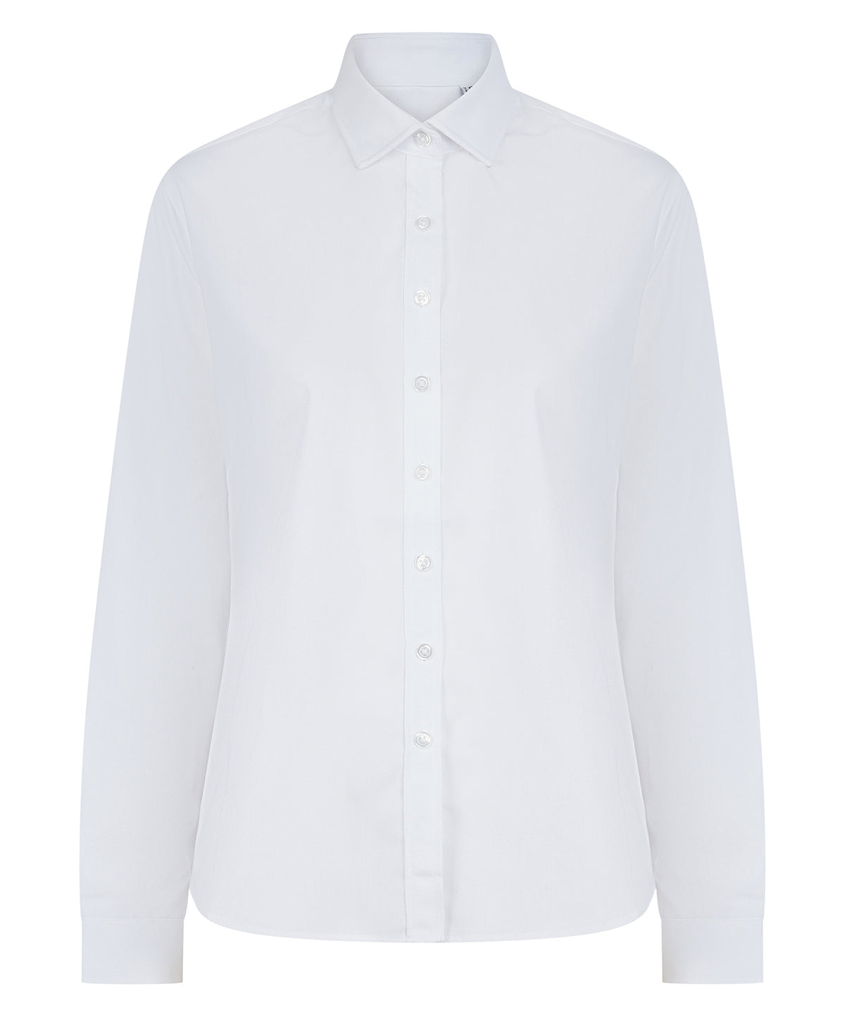 Henbury Women’s long sleeve ‘cotton-feel’ Coolplus shirt in White, front view