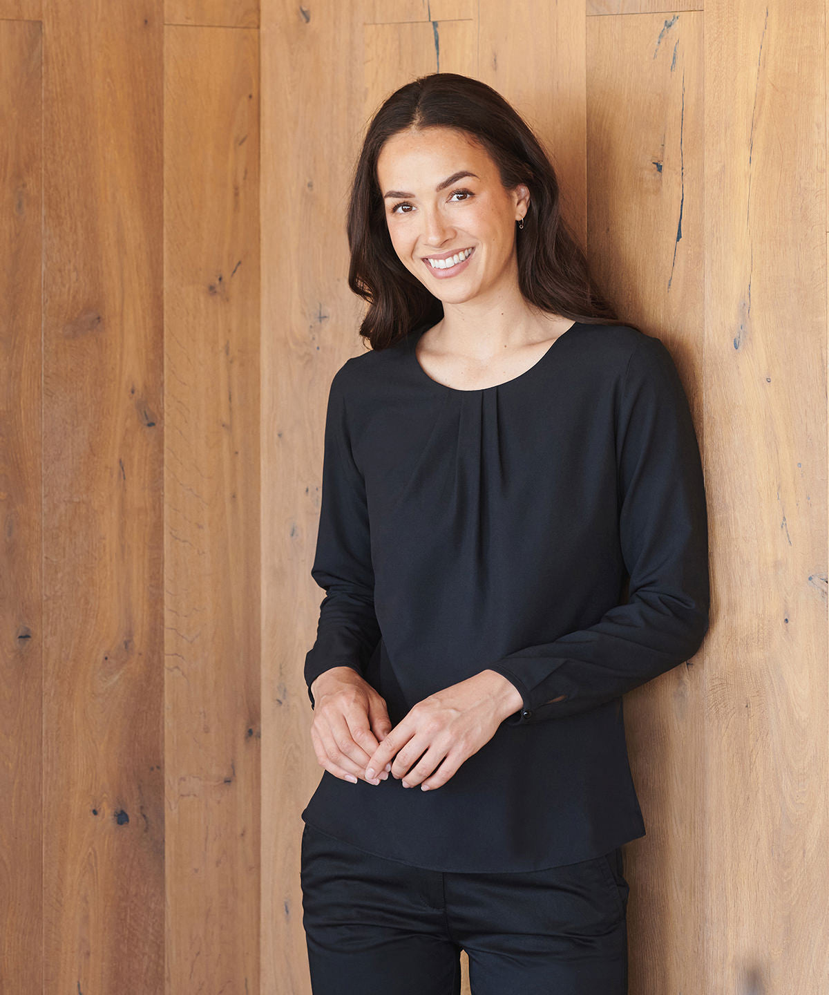 Henbury Women's pleat front long sleeve blouse, lifestyle photo