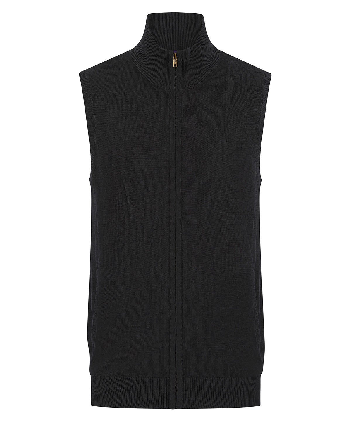 Henbury Sleeveless zip-through jumper in Black, front view