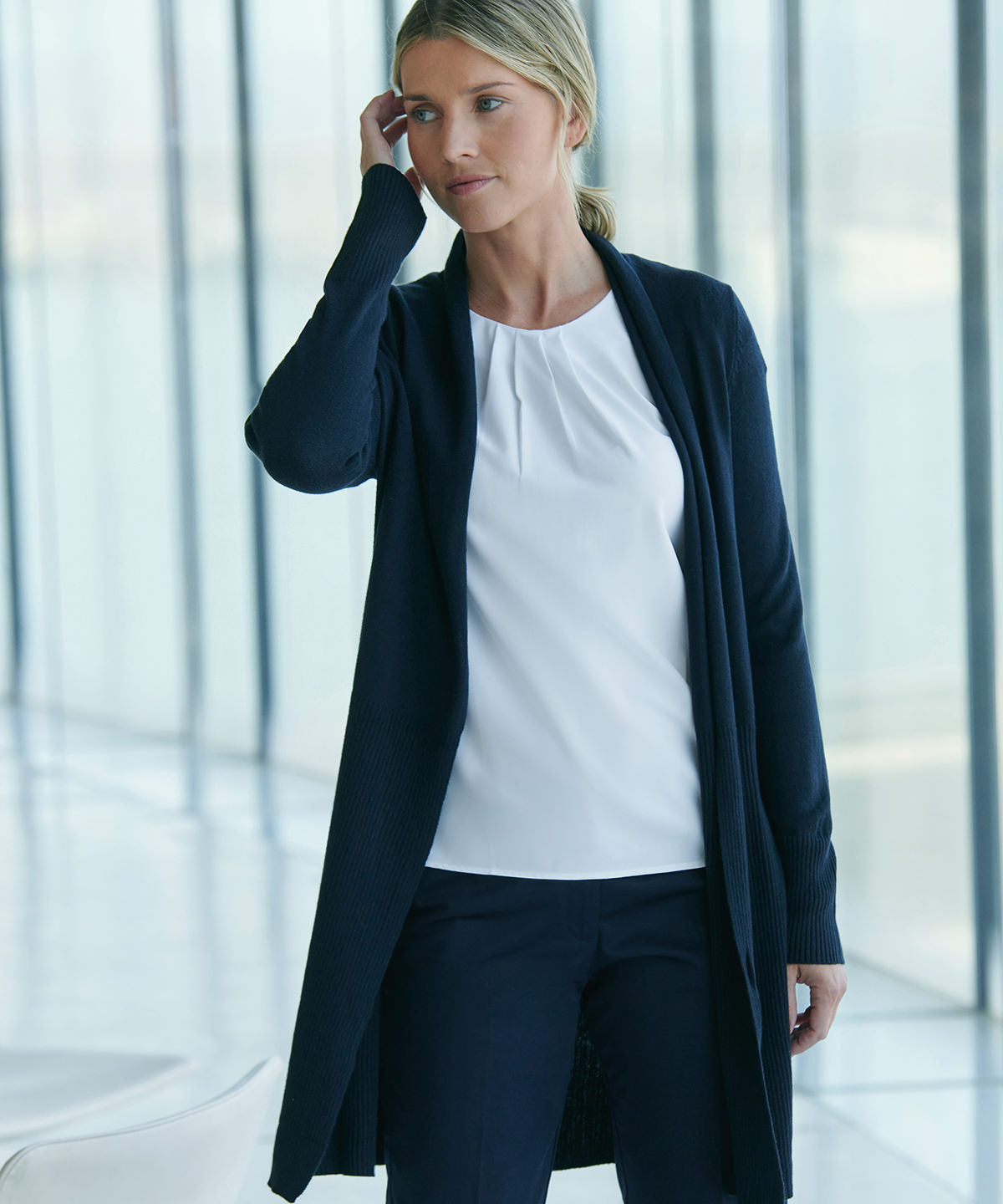 Henbury Women's longline open cardigan, lifestyle photo