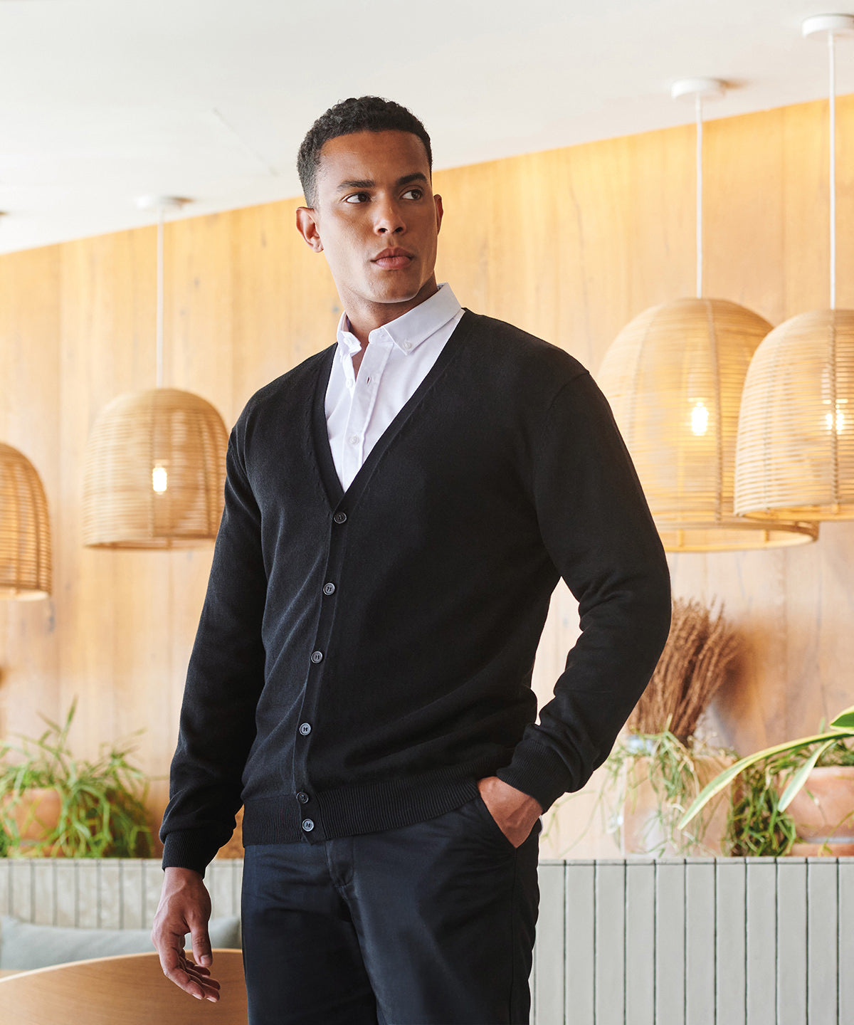 Henbury V-button cardigan, lifestyle photo