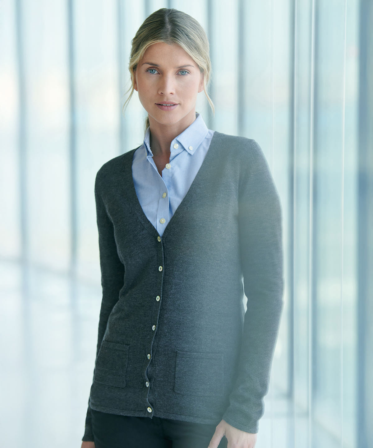 Henbury Women's v-button cardigan, lifestyle photo