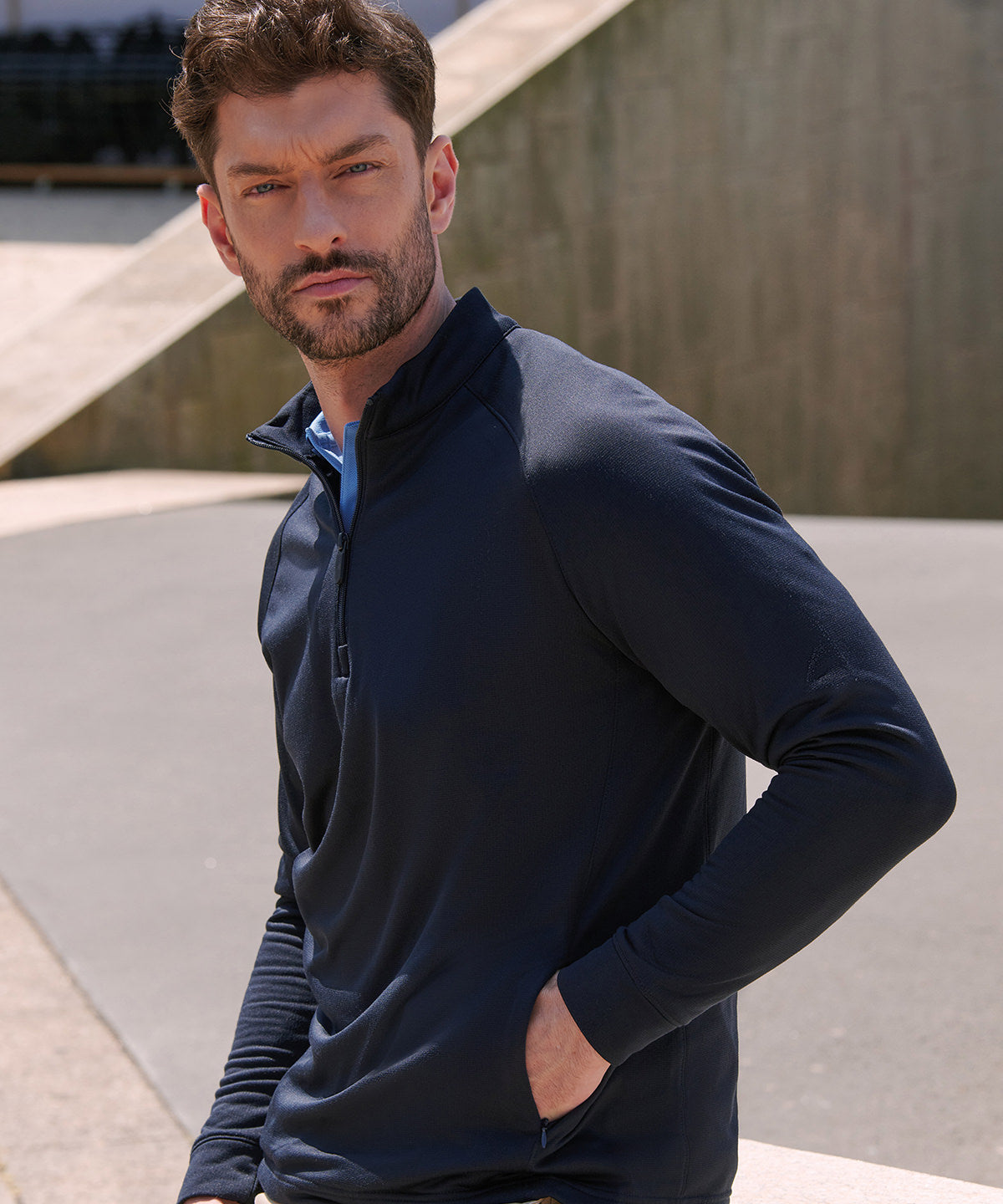 Henbury ¼ zip top with wicking finish, lifestyle photo