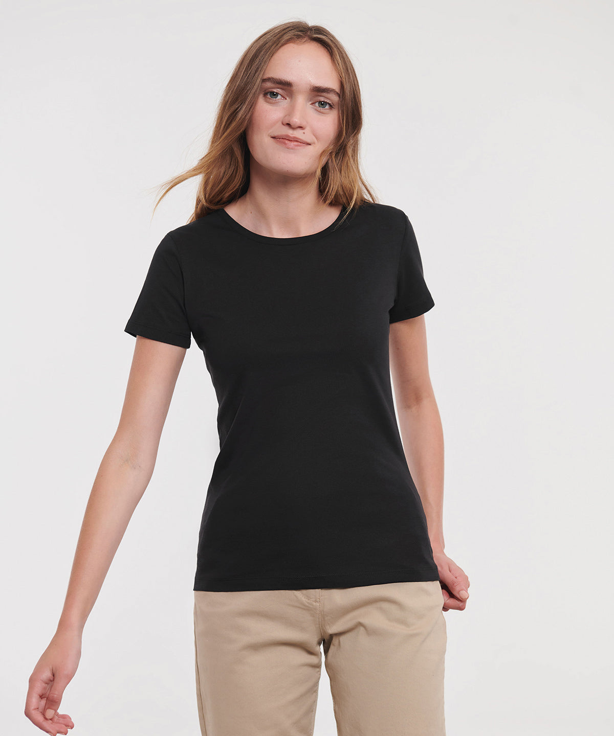 Russell Athletic Women's pure organic tee, lifestyle photo
