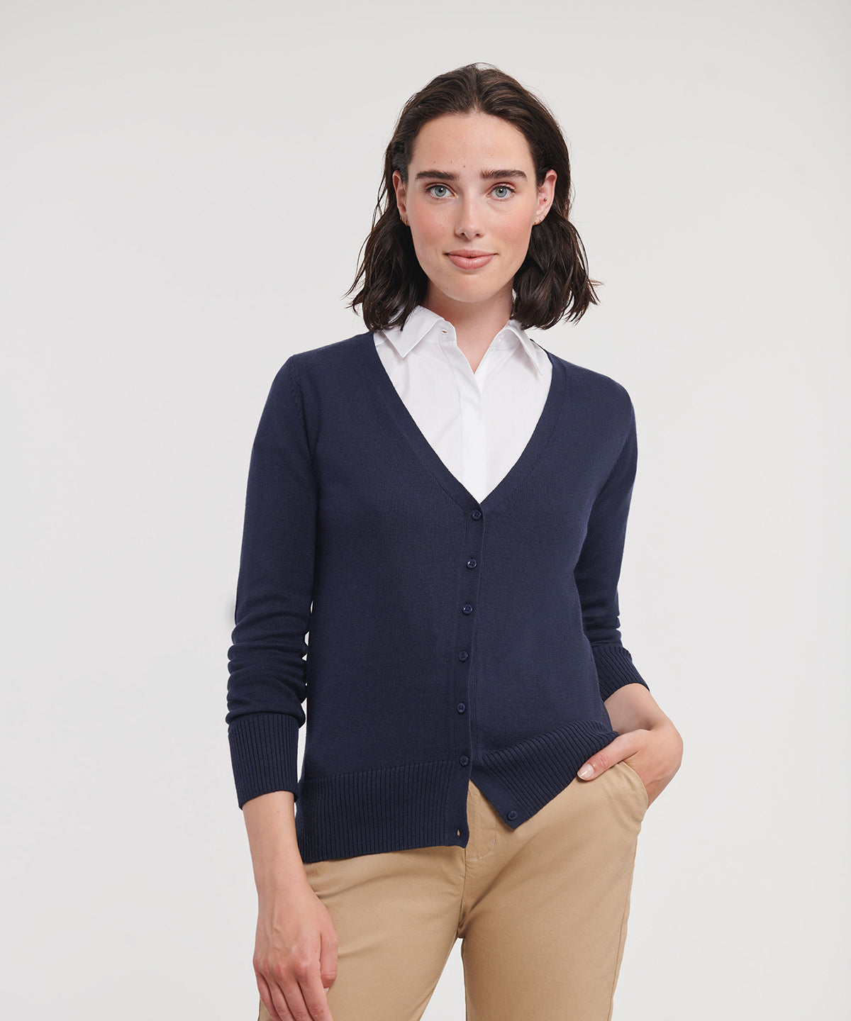 Russell Athletic Collection Women's v-neck knitted cardigan, lifestyle photo