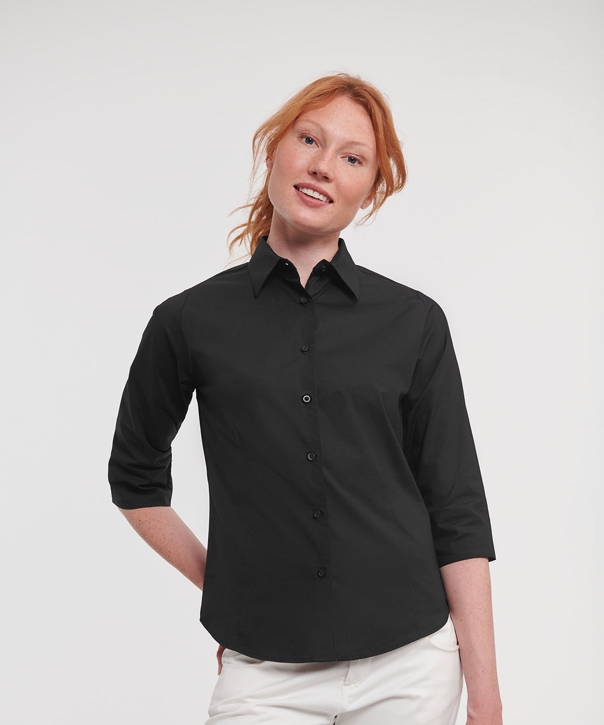 Russell Athletic Collection Women's ¾ sleeve easycare fitted shirt, lifestyle photo