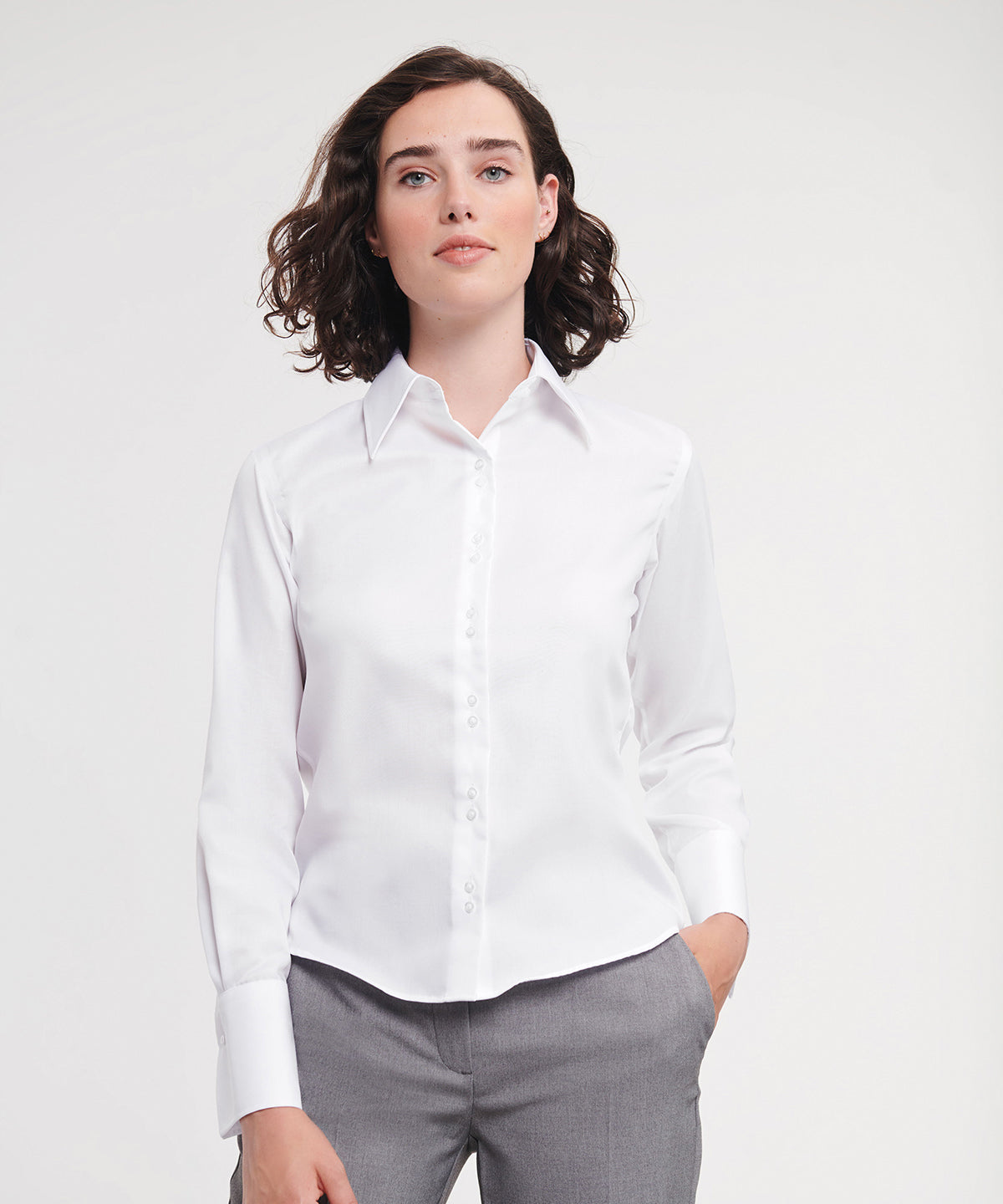 Russell Athletic Collection Women's long sleeve ultimate non-iron shirt, lifestyle photo