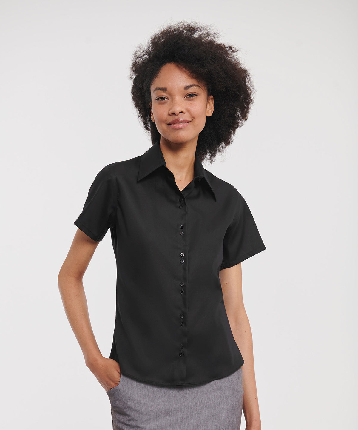 Russell Athletic Collection Women's short sleeve ultimate non-iron shirt, lifestyle photo