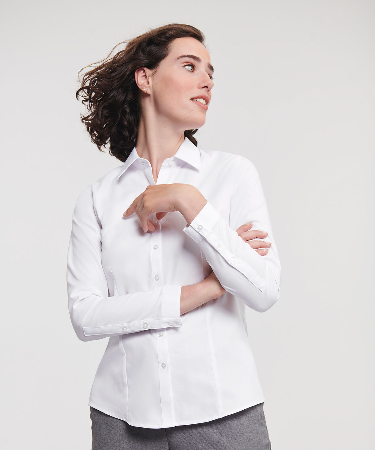 Russell Athletic Collection Women's long sleeve herringbone shirt, lifestyle photo