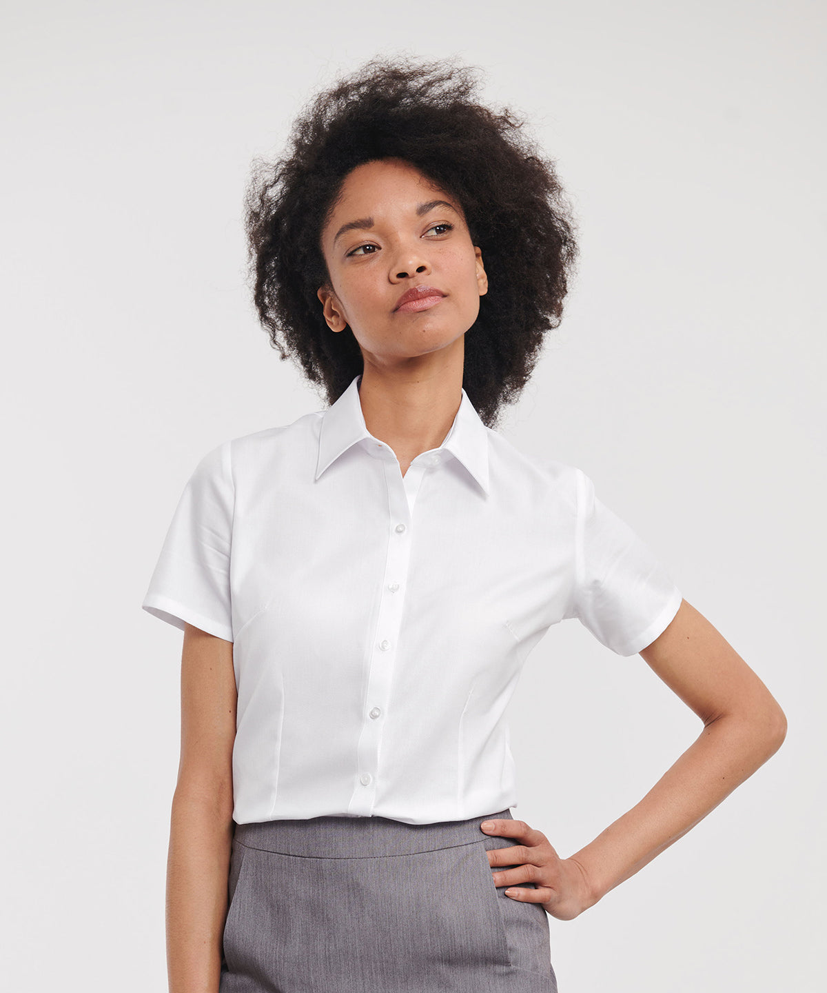 Russell Athletic Collection Women's short sleeve herringbone shirt, lifestyle photo