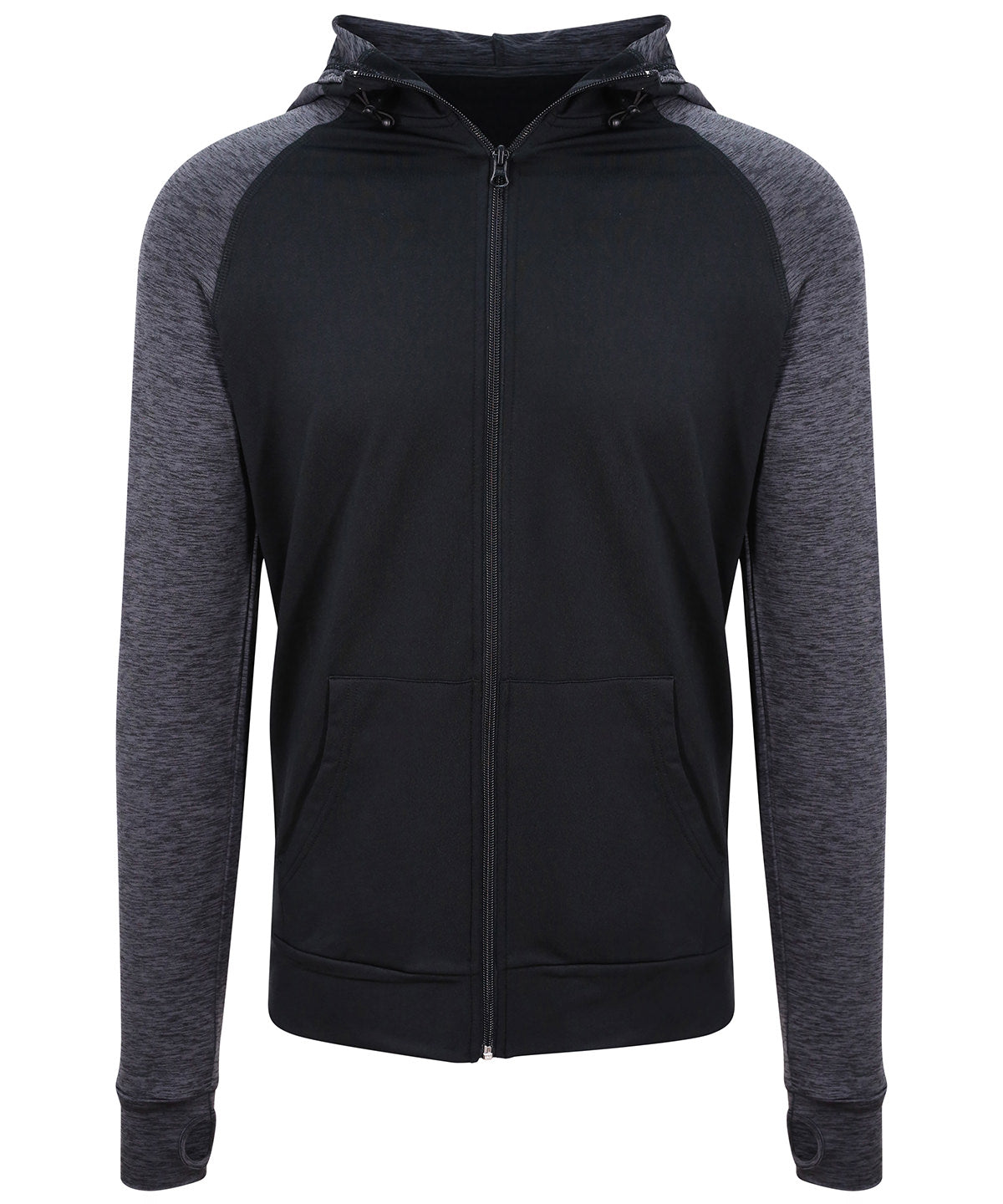 AWDis Just Cool Contrast zoodie in Black/Black Slate Melange, front view