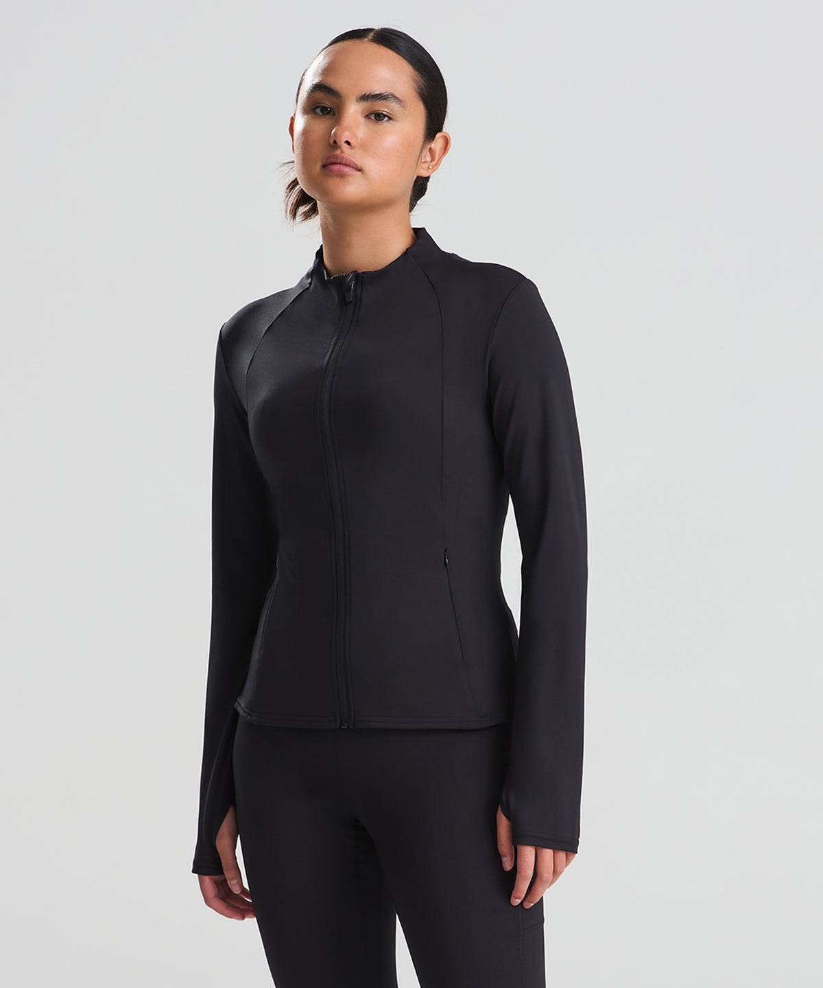 AWDis Just Cool Women’s recycled tech-zip jacket in Jet Black, lifestyle photo