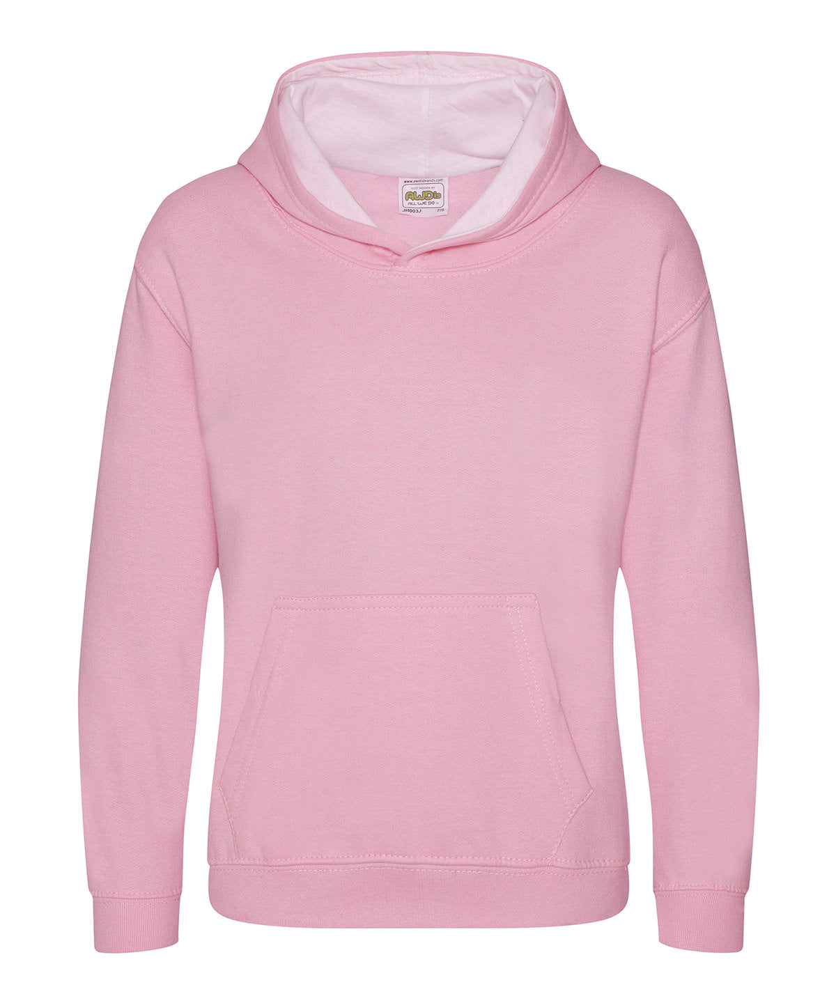 AWDis Just Hoods Kids varsity hoodie in Baby Pink/Arctic White, front view