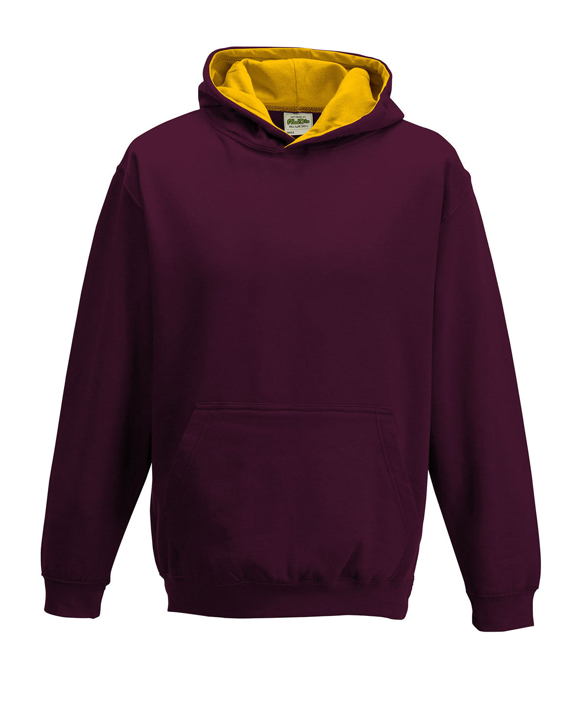 AWDis Just Hoods Kids varsity hoodie in Burgundy/Gold, front view