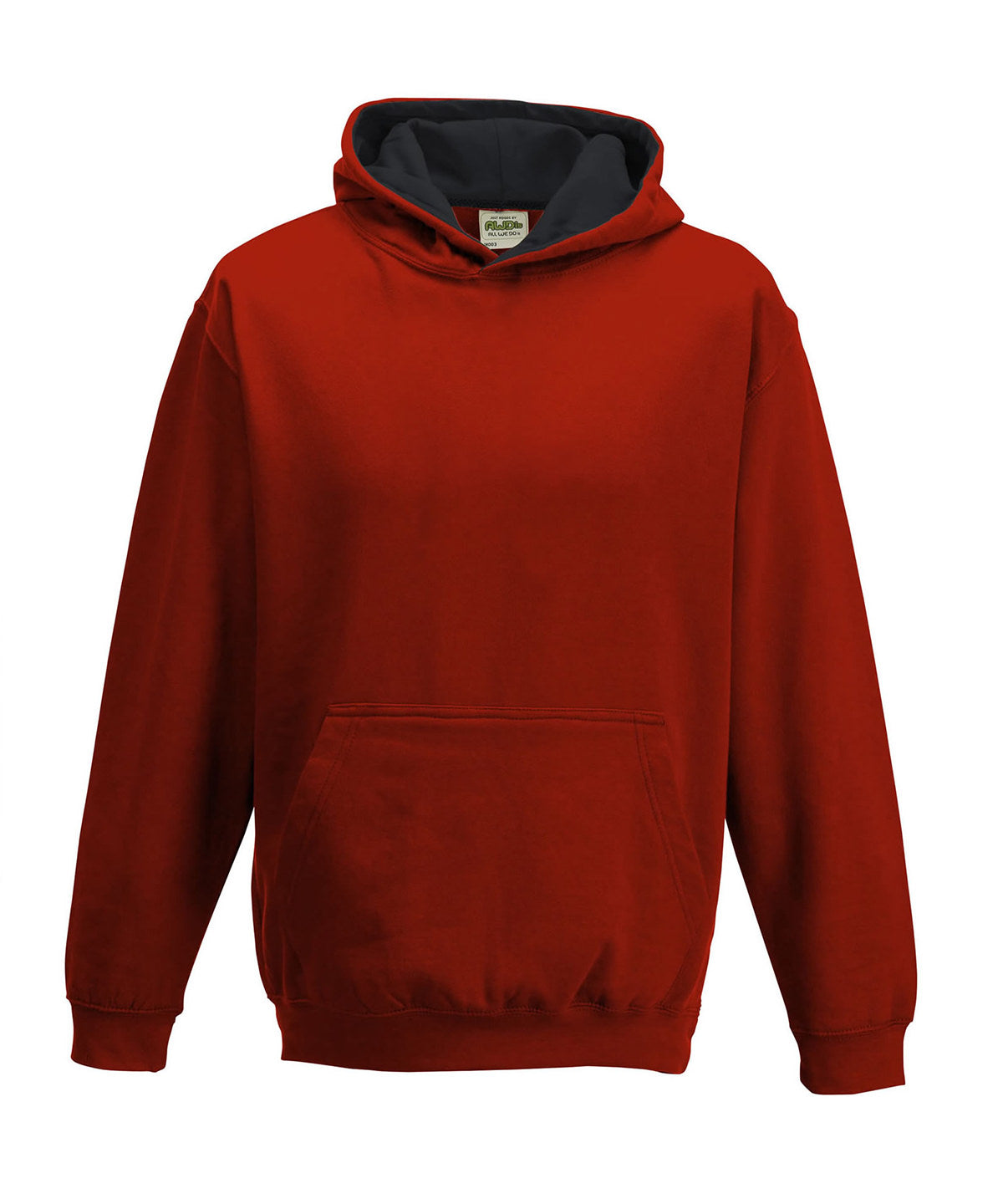 AWDis Just Hoods Kids varsity hoodie in Fire Red/Jet Black, front view