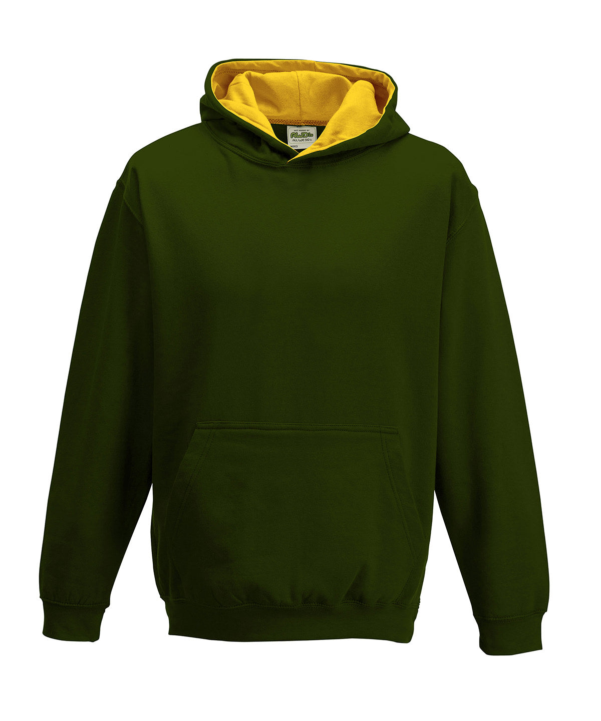 AWDis Just Hoods Kids varsity hoodie in Forest Green/Gold, front view