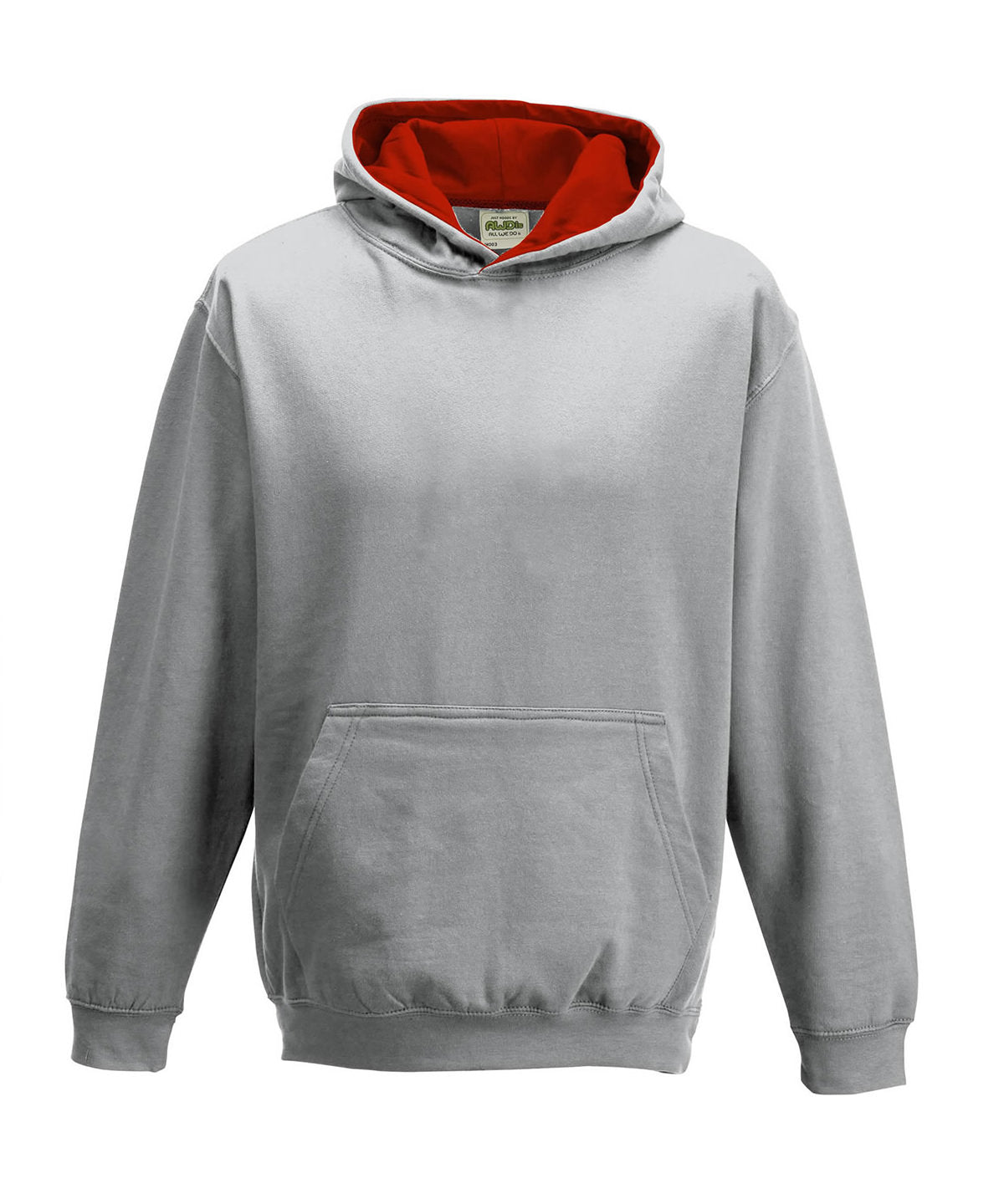 AWDis Just Hoods Kids varsity hoodie in Heather Grey/Fire Red, front view