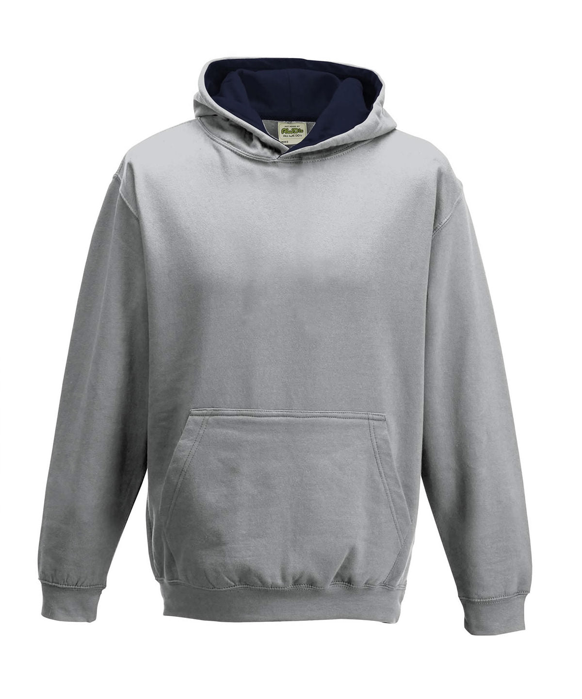 AWDis Just Hoods Kids varsity hoodie in Heather Grey/French Navy, front view