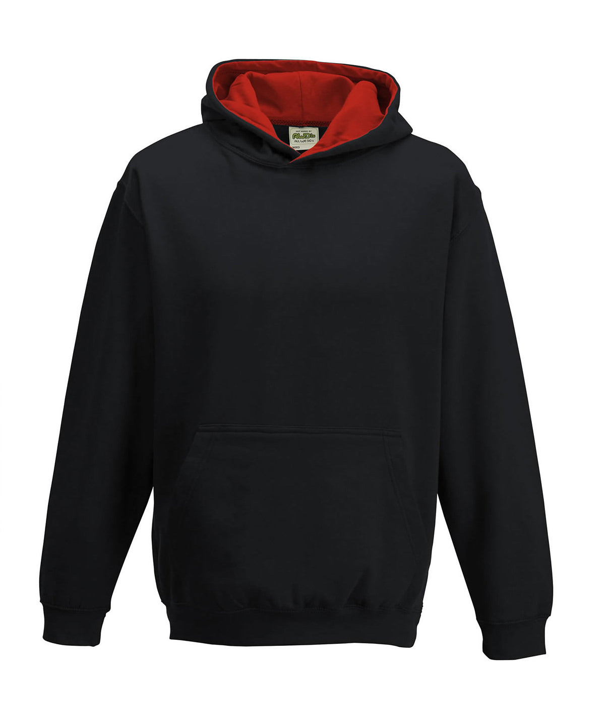 AWDis Just Hoods Kids varsity hoodie in Jet Black/Fire Red, front view
