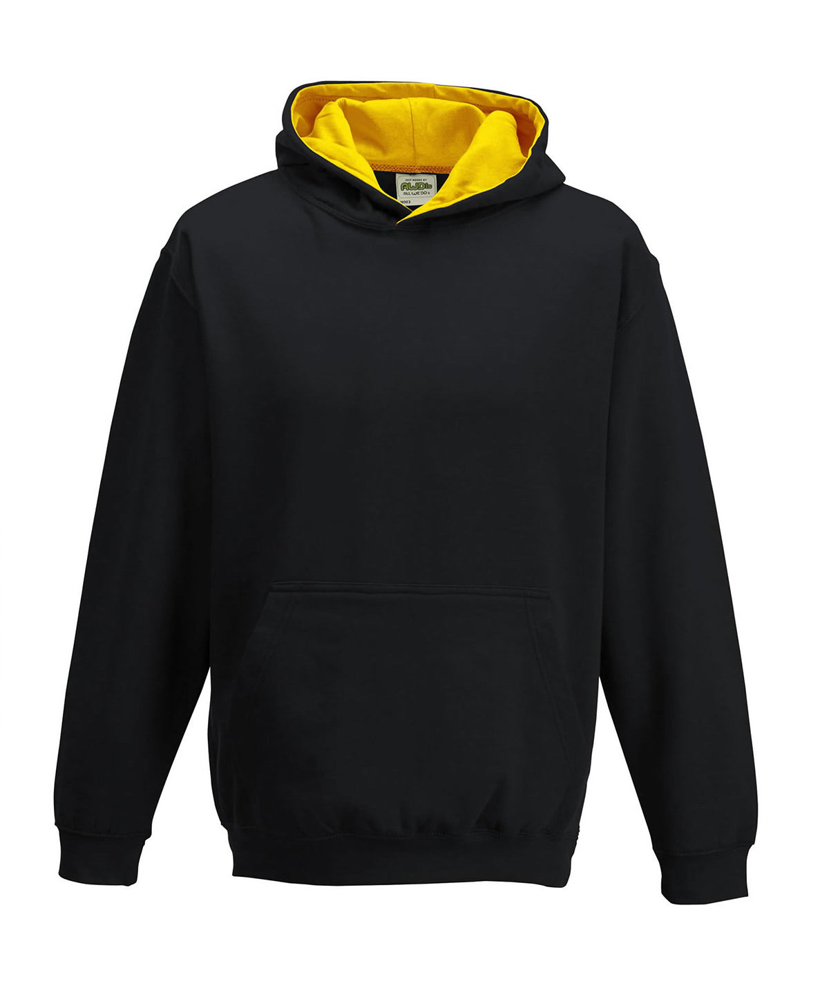 AWDis Just Hoods Kids varsity hoodie in Jet Black/Gold, front view
