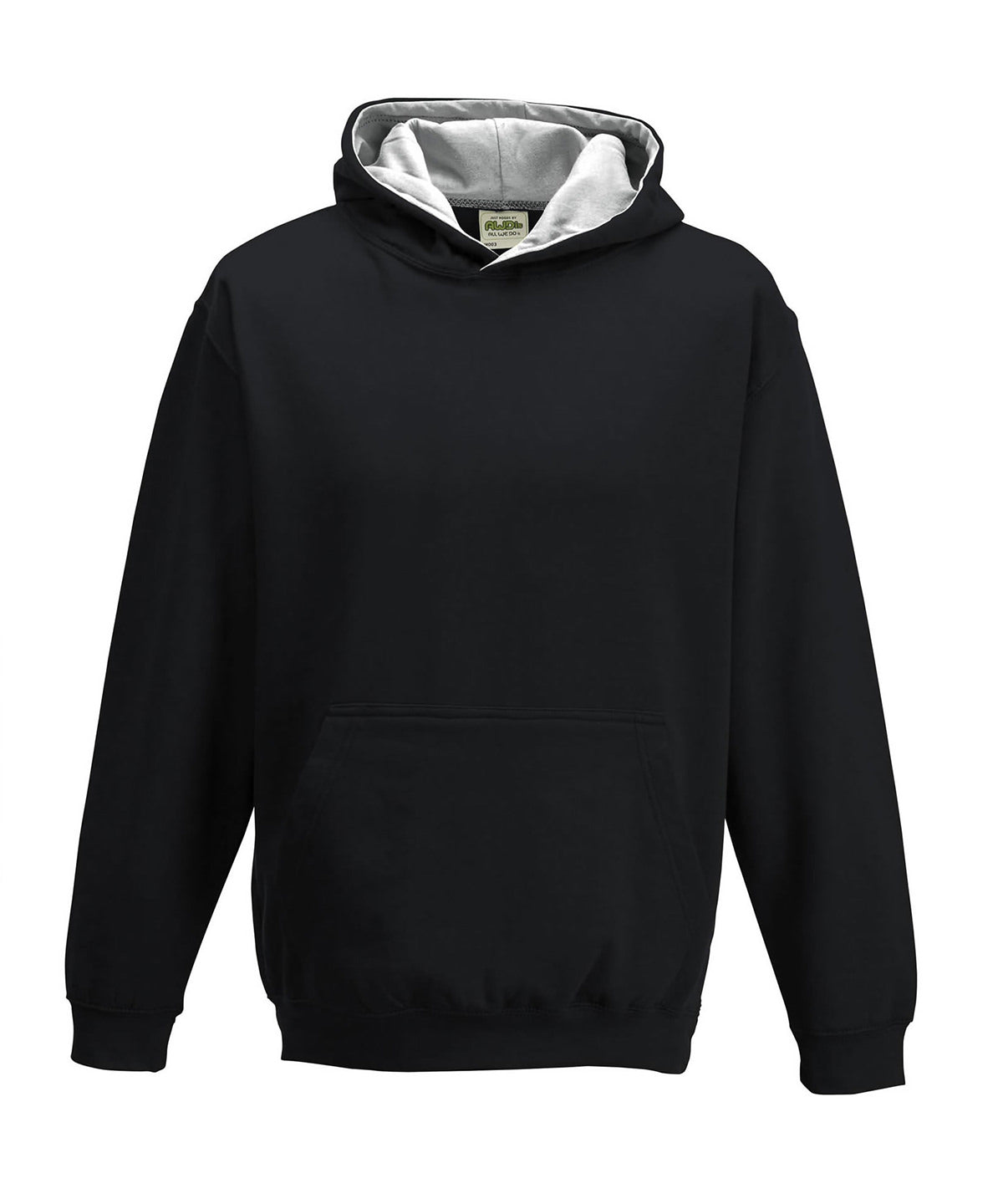 AWDis Just Hoods Kids varsity hoodie in Jet Black/Heather Grey, front view