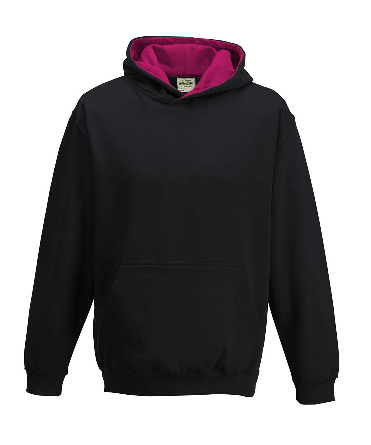 AWDis Just Hoods Kids varsity hoodie in Jet Black/Hot Pink, front view