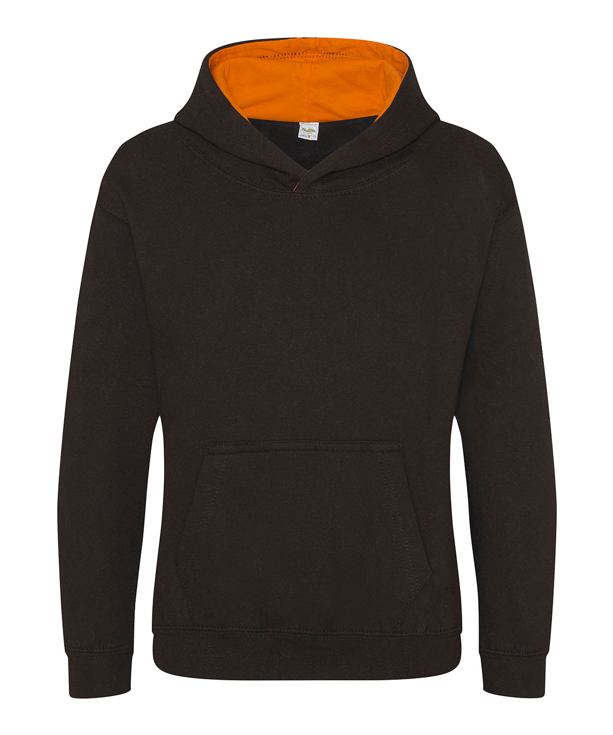 AWDis Just Hoods Kids varsity hoodie in Jet Black/Orange Crush, front view
