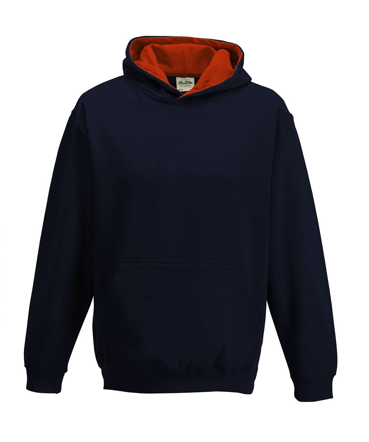 AWDis Just Hoods Kids varsity hoodie in New French Navy_Fire Red, front view