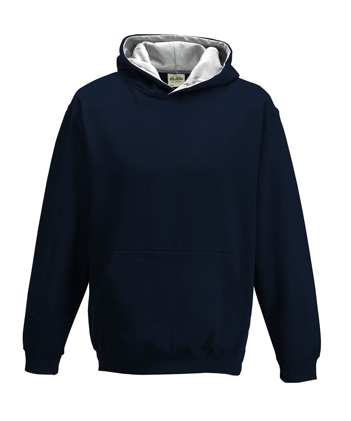 AWDis Just Hoods Kids varsity hoodie in New French Navy_Heather Grey, front view