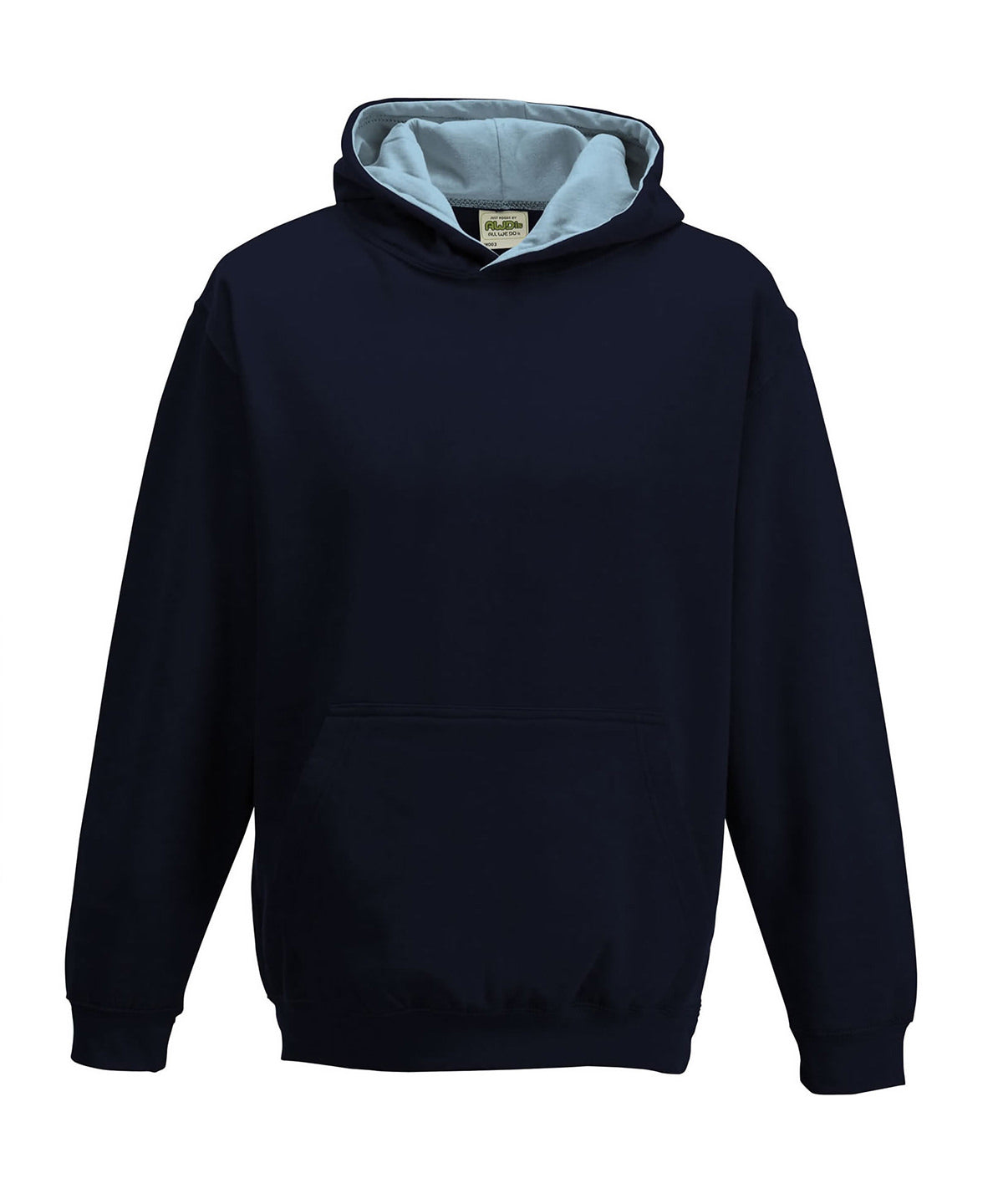 AWDis Just Hoods Kids varsity hoodie in New French Navy_Sky Blue, front view