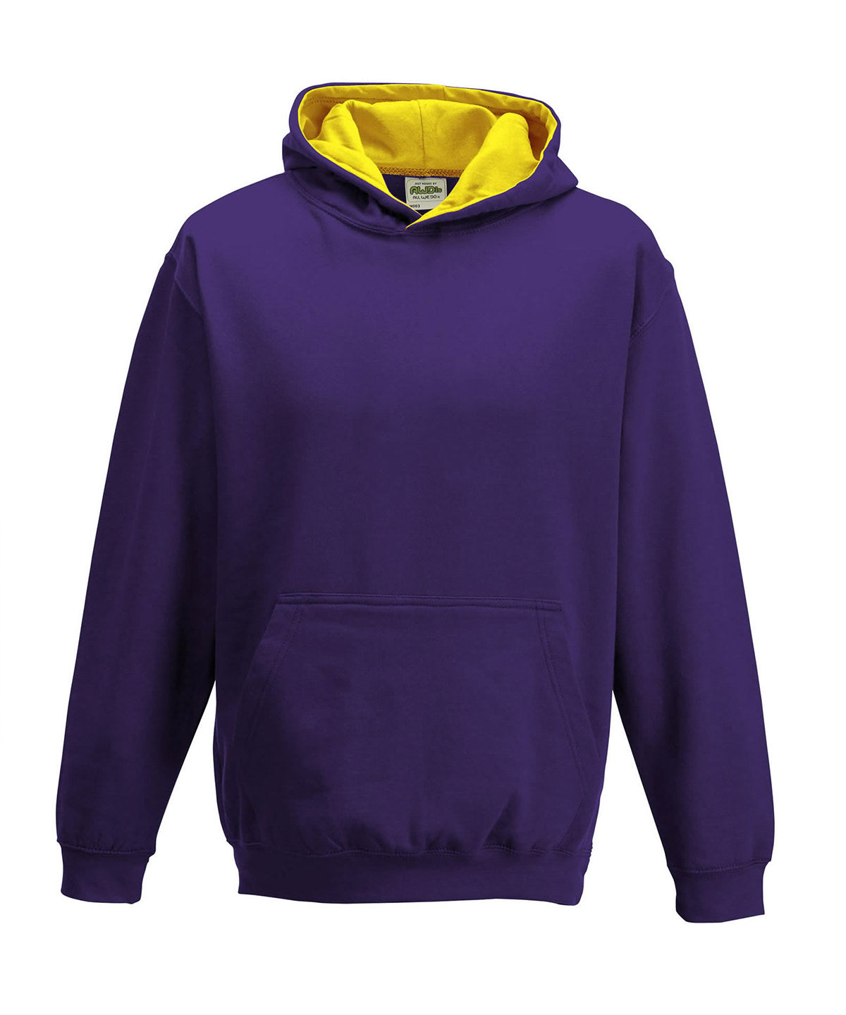 AWDis Just Hoods Kids varsity hoodie in Purple_Sun Yellow, front view