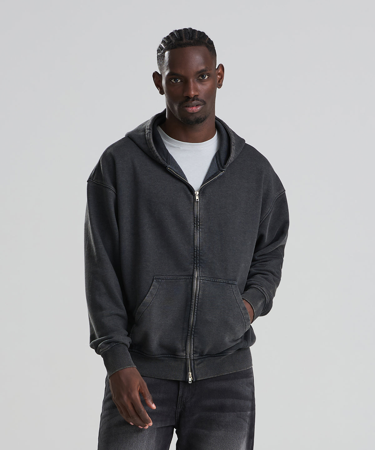 AWDis Just Hoods Vintage washed zoodie in Washed Black, lifestyle photo