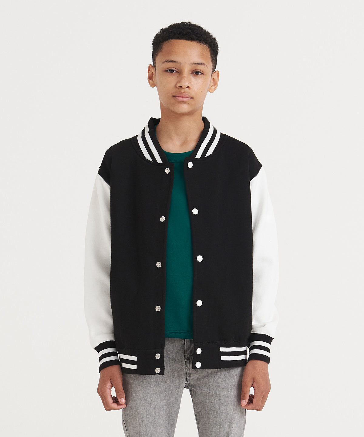 AWDis Just Hoods Kids varsity jacket, lifestyle photo