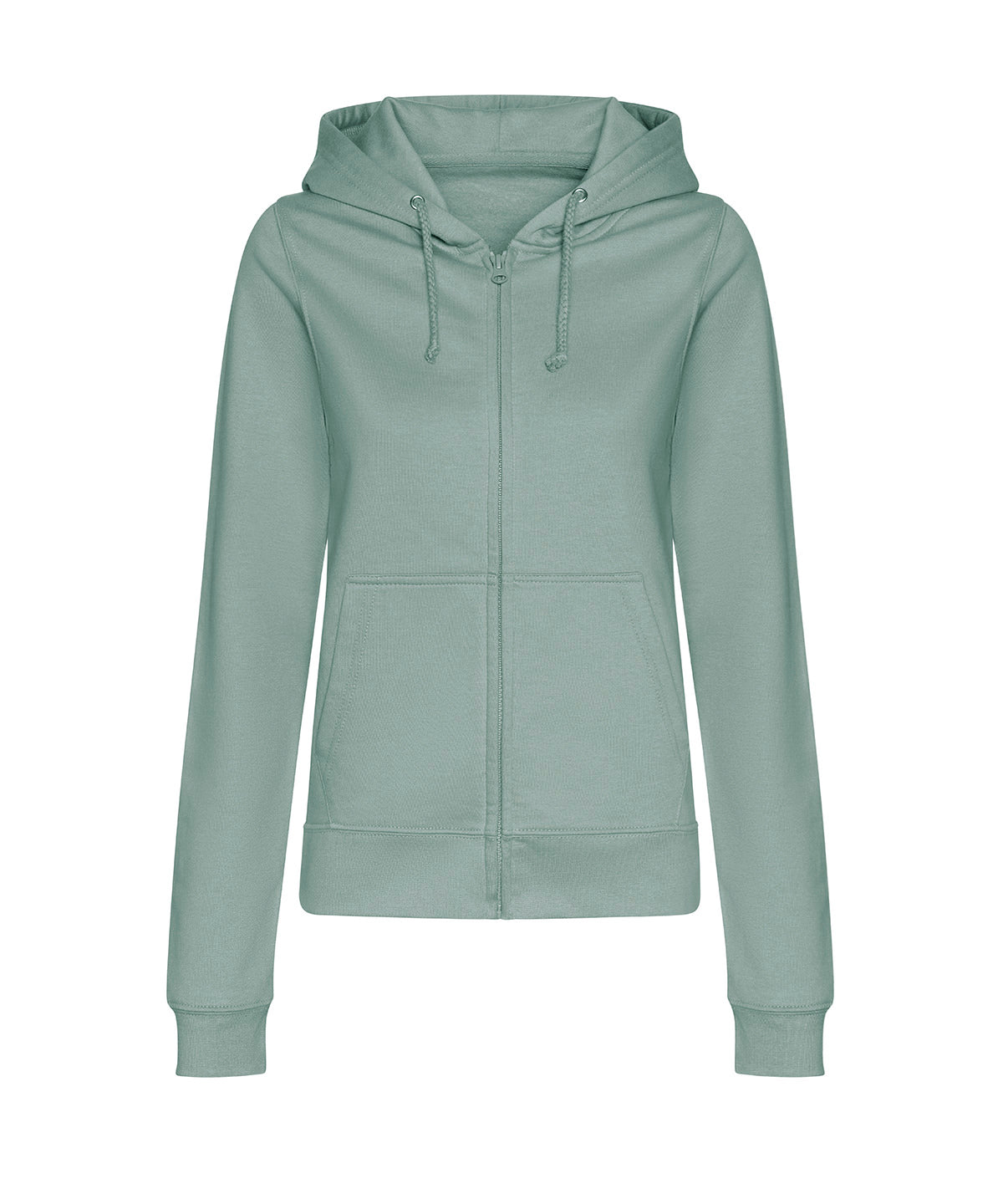 AWDis Just Hoods Women’s college zoodie in Dusty Green, front view
