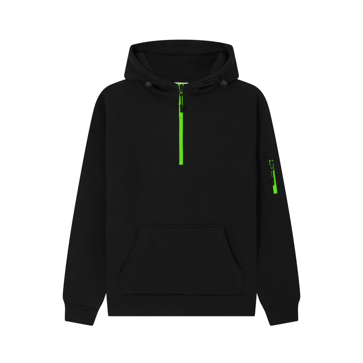Cotton Ridge CR06 Atlas Adults Quarter Zip Hoodie in Jet Black / Neon Green, front view