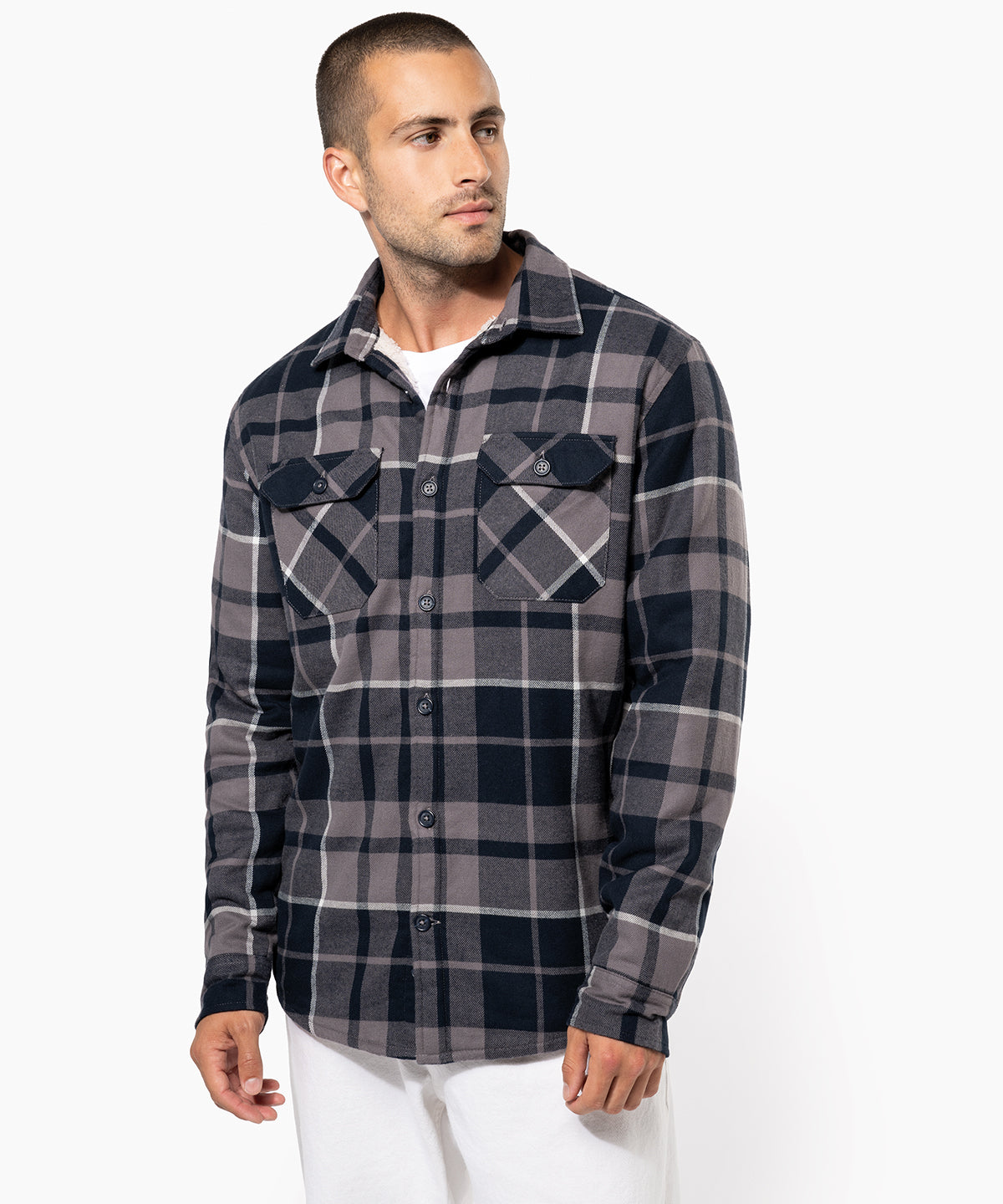 Kariban Sherpa-lined checked shirt jacket, lifestyle photo