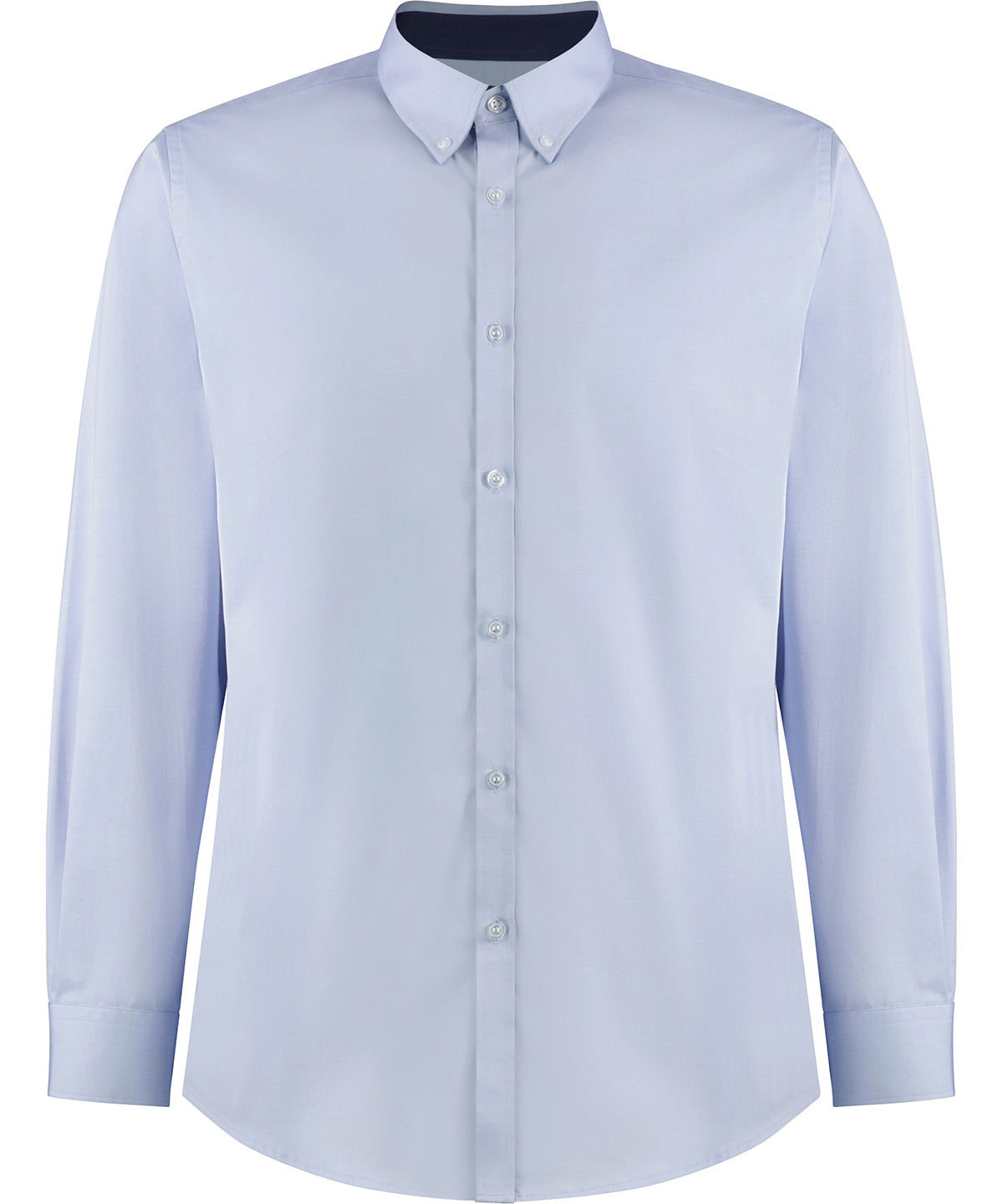 Kustom Kit Contrast premium Oxford shirt (button-down collar) long-sleeved (tailored fit) in Light Blue/Navy, front view