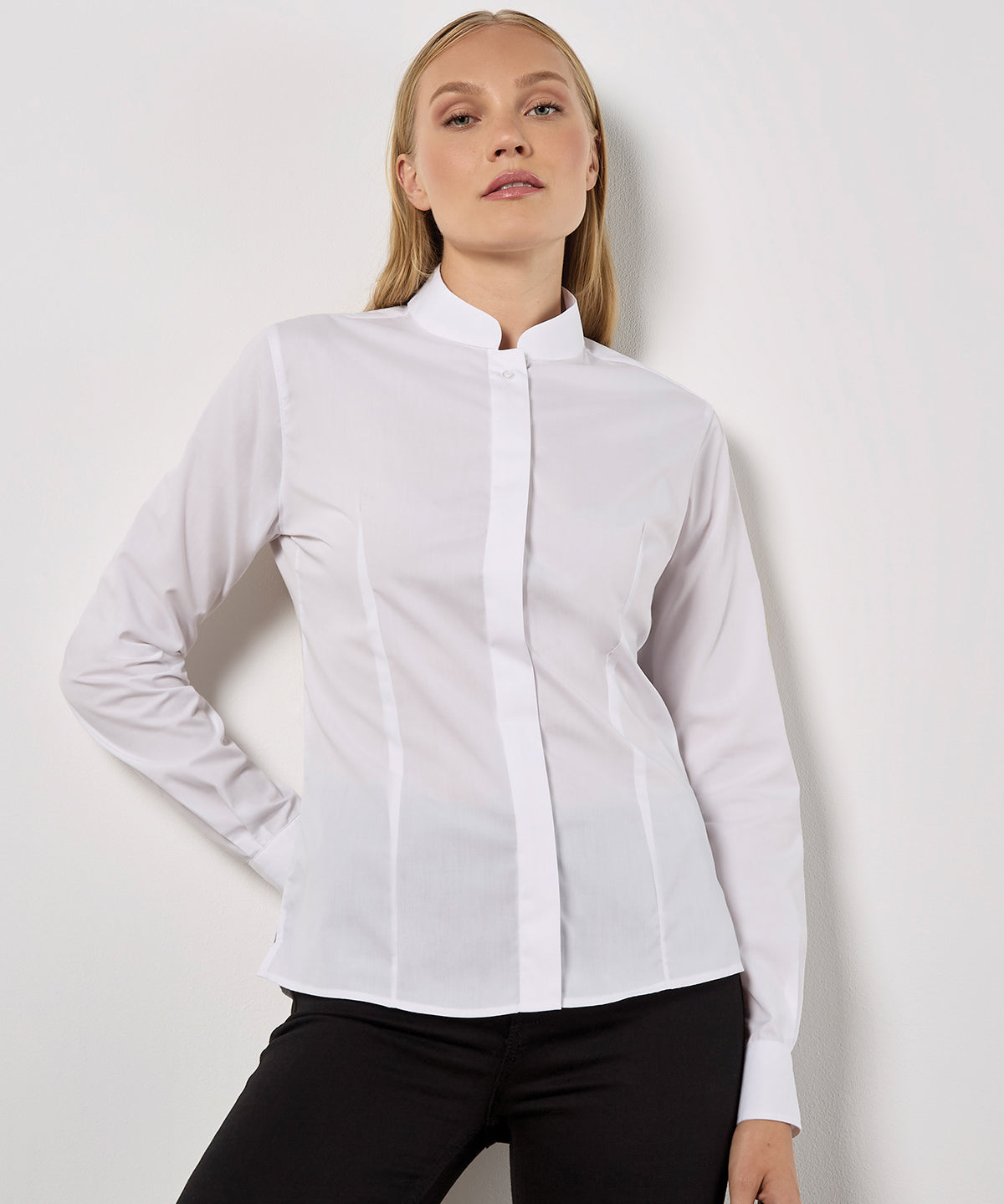 Kustom Kit Women's mandarin collar shirt long-sleeved (tailored fit), lifestyle photo