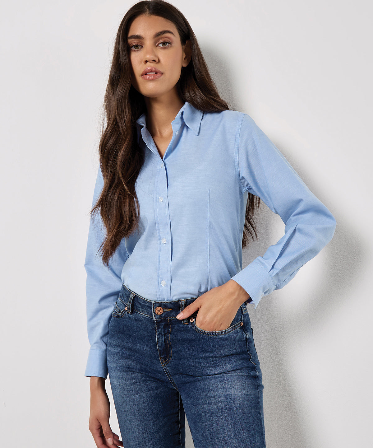 Kustom Kit Women's workplace Oxford blouse long-sleeved (tailored fit), lifestyle photo