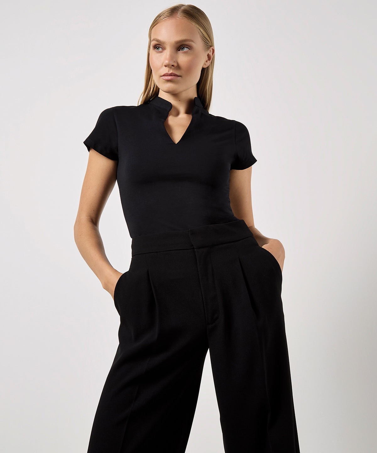 Kustom Kit Women's corporate short-sleeved top v-neck mandarin collar (regular fit), lifestyle photo